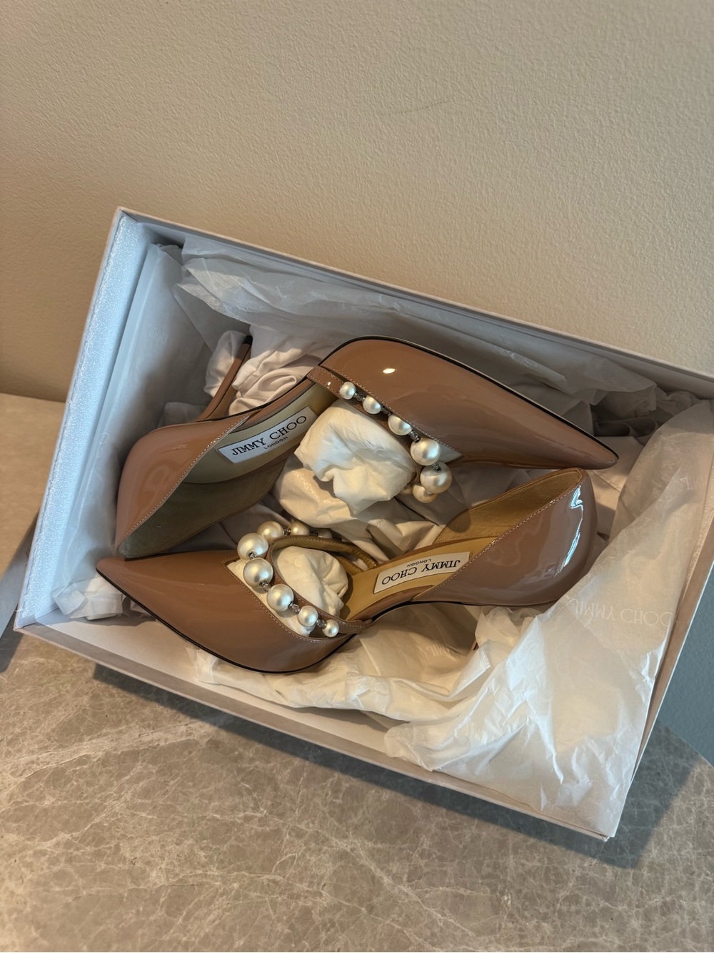 Jimmy Choo Aurelie 85 - Nude Patent Leather Pointed-Toe Pump with Pearl Strap - Picture 6 of 7